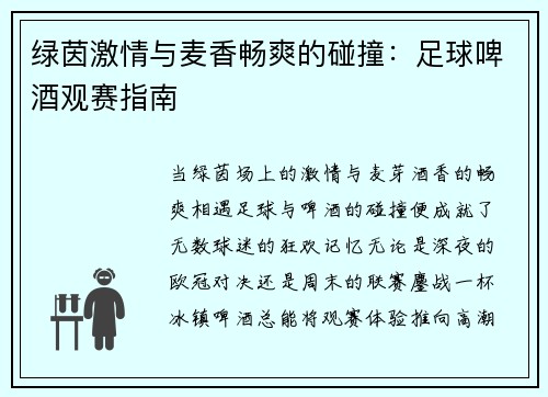 绿茵激情与麦香畅爽的碰撞：足球啤酒观赛指南