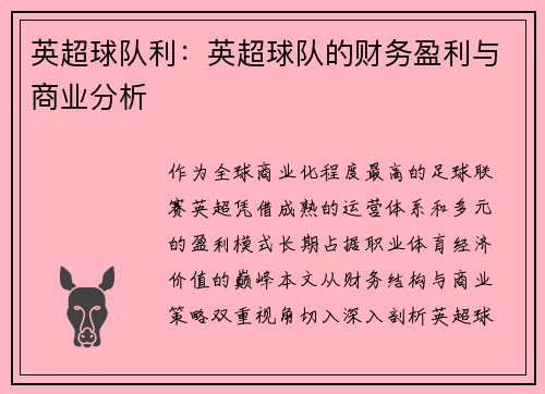 英超球队利：英超球队的财务盈利与商业分析